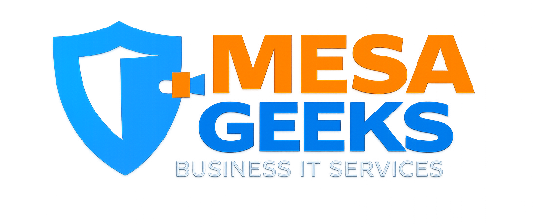 Mesa Geeks Logo 2026 Blue and orage with a blue shield