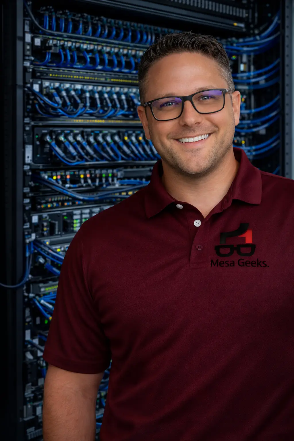 Google ad FB ad headshot marron shirt Mesa Geeks logo Angelo 2